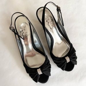 Nina Black Luster Satin Heel with Rhinestones | Peep Toe Slingback Pump